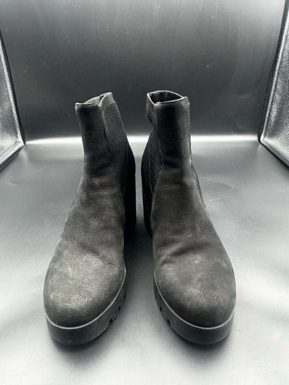 Eileen Fisher Black Suede and Ribbed Knit Block Heel Ankle Boots